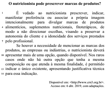questões de concursos Conselho Regional de Nutricionistas da 3ª Região (CRN 3) 2019 